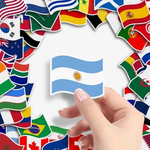 May include: A sticker of the Argentinian flag, featuring light blue and white stripes with a yellow sun in the center, is held by a hand. The flag is surrounded by various international flags, creating a colorful border.