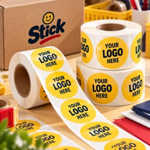 May include: A roll of circular yellow adhesive stickers featuring the black text "YOUR LOGO HERE" in a bold sans-serif font. The stickers are arranged in a continuous strip, with additional rolls stacked nearby and a cardboard box in the background.