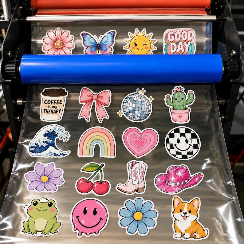 May include: A collection of vinyl stickers on a clear film roll featuring a pink flower, blue butterfly, winking sun, text reading GOOD DAY, coffee cup, pink bow, disco ball, cactus, ocean wave, rainbow, heart, smiley face, cherry, boot, hat, frog, and dog.