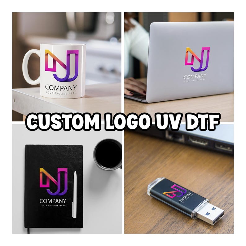 May include: A collection of branded items featuring a colorful logo. Includes a white mug, a laptop, a black notebook with a pen, and a USB drive. The logo is a stylized "NJ" in gradient colors, with the word "COMPANY" below.