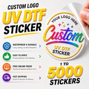 May include: A circular UV DTF sticker with a rainbow gradient custom logo, featuring the text YOUR LOGO HERE and UV DTF STICKER. The sticker is being peeled from its backing. Text on the left highlights features like waterproof, durable, and easy to apply.
