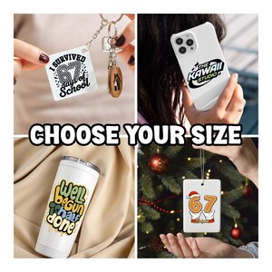 May include: A collage of four items: a keychain with text, a phone case, a white tumbler, and a Christmas ornament. The keychain says "I Survived 67 Days of School." The phone case has "The Kawaii Studio" logo. The tumbler says "Well begun is half done."
