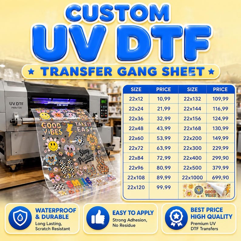 May include: A UV DTF printer producing a clear transfer sheet featuring colorful graphic designs including smiley faces, flowers, and text like Good Vibes and Stay Positive, alongside a pricing chart for various sheet sizes.