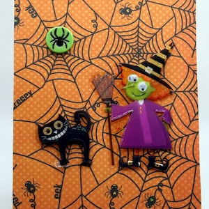 20120539 Cute Witch Black Cat Spider Halloween Card
