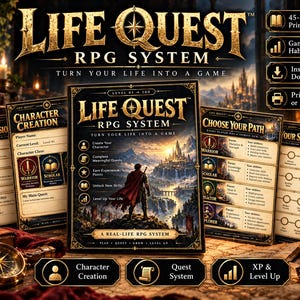 May include: A Life Quest RPG System digital planner set featuring a main cover with a fantasy landscape, character creation sheets, mission logs, and skill trees. The pages include text such as Today's Mission, Choose Your Path, and Your Skill Tree.