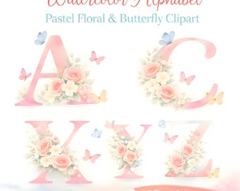 Clipart dell'alfabeto floreale ad acquerello, lettere a farfalla (PNG, download digitale)