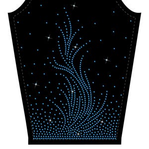 Könnte beinhalten: Schwarzer Stoffärmel mit blauem Strass-Design. Das Design ähnelt einem stilisierten Baum oder einer Flamme, mit funkelnden Akzenten. Der Ärmel hat eine gebogene Oberkante und einen gestrichelten Rand, geeignet für die Dekoration von Kleidung.