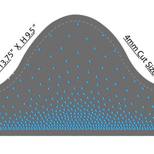 May include: A gray fabric piece with a curved top and a dotted outline. It features a pattern of blue, triangular shapes. The dimensions are W 13.75" X H 9.5", with a 4mm cut size.