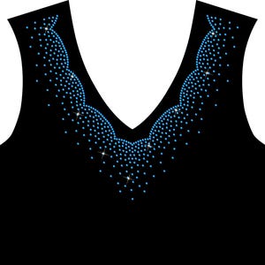 Könnte beinhalten: Schwarzes ärmelloses Oberteil mit V-Ausschnitt. Der Ausschnitt ist mit einem Muster aus hellblauen Strasssteinen verziert, das ein funkelndes, dekoratives Design ergibt. Die Strasssteine sind in einem Muschelmuster angeordnet.