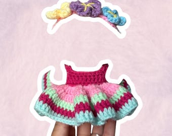 Multi-colored Dress with Flower Crown Set for 17 cm Collectible Figures | Mini Doll Clothes