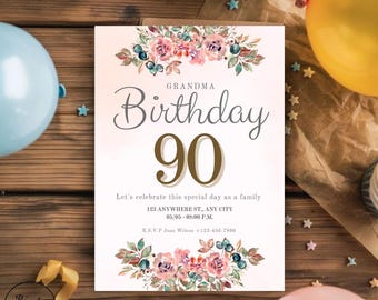 May include: A birthday invitation card with floral accents and the text "Grandma Birthday 90". The card includes event details such as the date, time, and location. The design features pink and purple flowers and green leaves.