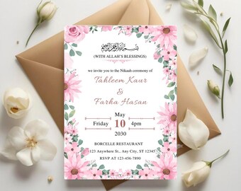 Puede incluir: Una invitación de boda con un diseño floral. La invitación presenta flores rosas y hojas verdes alrededor del borde. El texto de la invitación dice "Tahleem Kaur & Farha Hasan" e incluye la fecha, la hora y el lugar.
