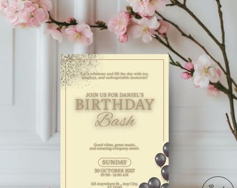May include: A birthday invitation with a cream background and gold accents. The text reads "Join us for Daniel's Birthday Bash" with event details. Black balloons are in the lower right corner. Pink flowers and branches frame the invitation.
