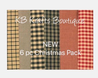 6 piece Fat Quarters Homespun, Christmas Pack (Burgundy and Green)