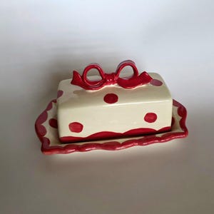 Handmade Red Bow Butter Dish with Polka Dots