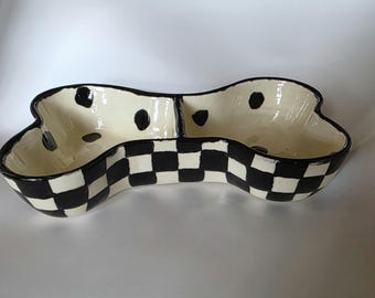 Handmade Ceramic Double Dog Bowl, checkerboard and polka dot dog dish