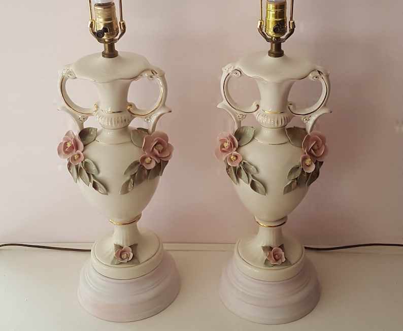 French Roses Capodimonte Porcelain Table Lamp Set Shabby Etsy