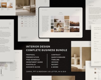 May include: An interior design business bundle featuring multiple document templates including a proposal, contract, questionnaire, and presentation slides. The documents have a neutral color palette with beige and white backgrounds and text.