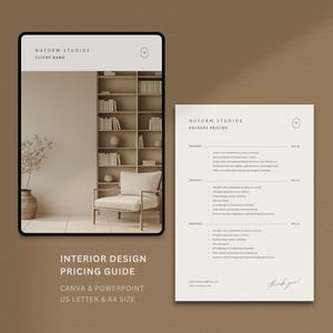 May include: An interior design pricing guide with the text "NUFORM STUDIOS" and "INTERIOR DESIGN PRICING GUIDE". The guide is available in Canva & PowerPoint, US Letter & A4 size. A digital tablet displays a room scene.