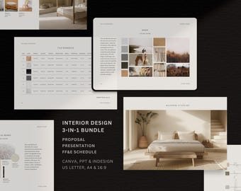 May include: An interior design 3-in-1 bundle presentation template featuring a tile schedule, a mood board with various textures and room imagery, and a bedroom layout. The document includes text labels for Canva, PPT, and InDesign compatibility.