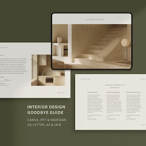 May include: An interior design guide with the title "Goodbye Guide" is displayed on a dark green background. The guide includes a tablet showing a staircase and a kitchen, and two open pages with text. The guide is for Canva, PPT & InDesign, US Letter, A4 & 16:9.