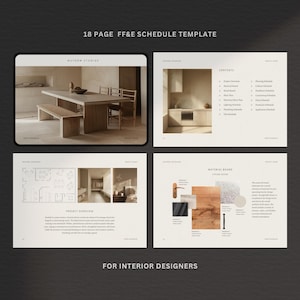 Puede incluir: Una plantilla digital para dise&ntilde;adores de interiores, con una paleta de colores neutros. El dise&ntilde;o incluye una mesa, una cocina, un plano de planta y una tabla de materiales. El texto en la imagen dice: 18 PAGE FF&E SCHEDULE TEMPLATE y FOR INTERIOR DESIGNERS.