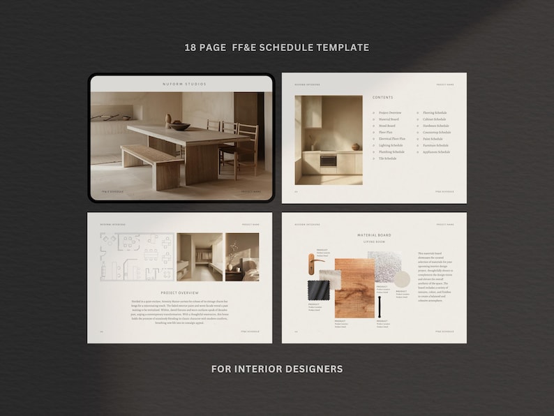 Puede incluir: Una plantilla digital para dise&ntilde;adores de interiores, con una paleta de colores neutros. El dise&ntilde;o incluye una mesa, una cocina, un plano de planta y una tabla de materiales. El texto en la imagen dice: 18 PAGE FF&E SCHEDULE TEMPLATE y FOR INTERIOR DESIGNERS.