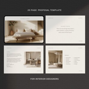 Puede incluir: Una plantilla de propuesta para dise&ntilde;adores de interiores, con un dise&ntilde;o minimalista e im&aacute;genes de espacios interiores. El texto dice "20 PAGE PROPOSAL TEMPLATE" y "FOR INTERIOR DESIGNERS". La plantilla incluye un dormitorio, una sala de estar y p&aacute;ginas de texto.