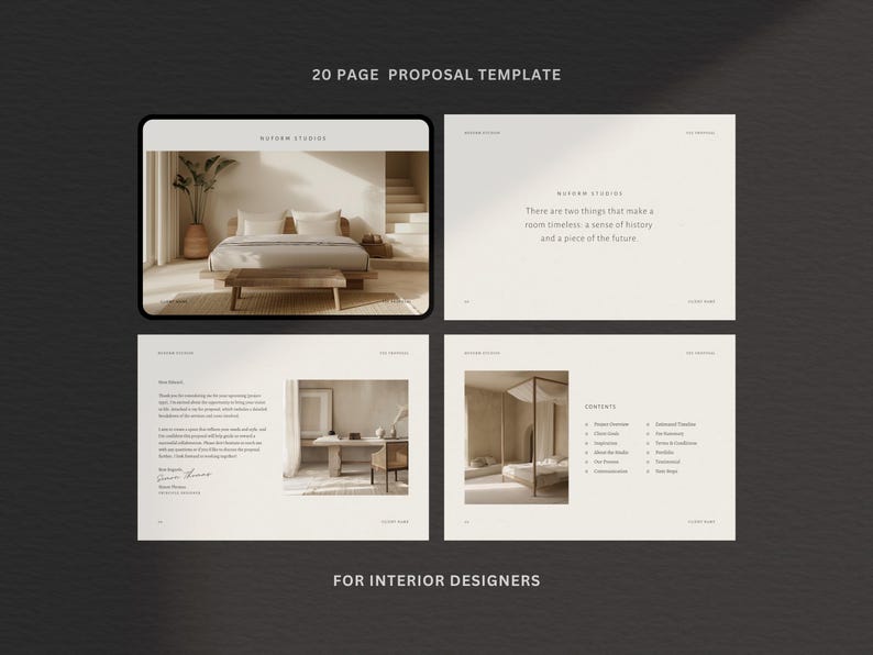 Puede incluir: Una plantilla de propuesta para dise&ntilde;adores de interiores, con un dise&ntilde;o minimalista e im&aacute;genes de espacios interiores. El texto dice "20 PAGE PROPOSAL TEMPLATE" y "FOR INTERIOR DESIGNERS". La plantilla incluye un dormitorio, una sala de estar y p&aacute;ginas de texto.