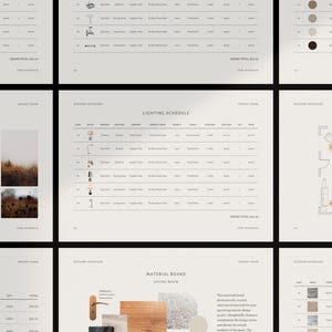 May include: A digital interior design presentation template featuring multiple pages with a lighting schedule, material board, and electrical floor plan. The layout includes tables with columns for product details, project names, and costs on a light background.