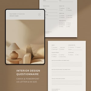 Pode incluir: Um modelo de questionário de design de interiores em formato Canva e PowerPoint. A imagem mostra um tablet exibindo uma cena de quarto com uma lâmpada e um sofá, e dois questionários impressos. O texto na imagem diz "Questionário de Design de Interiores".