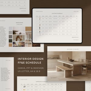 Op de afbeelding: Een interieurontwerp presentatie met een moodboard, verlichtingsschema en FF&E schema. Ontworpen voor Canva, PPT en InDesign, formaten US Letter, A4 en 16:9. De afbeelding heeft een neutraal kleurenpalet.