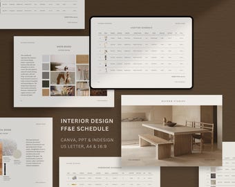 Plantilla de cronograma de diseño de interiores (F&E) / Cronograma de diseño de interiores (Canva) / Acabados de muebles y accesorios / Plantilla PPT / Plantilla InDesign