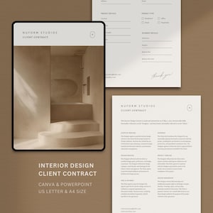 May include: A digital tablet displays an interior design client contract with a minimalist design. The text "Interior Design Client Contract" is visible, along with "Canva & PowerPoint US Letter & A4 Size". The background is a warm, neutral tone.