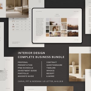 インテリアデザインテンプレートバンドル | デザイナープロジェクト提案 | クライアントプレゼンテーション | FF&Eスケジュール | 投資ガイド | オンボーディングフォーム