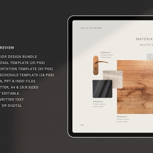 Puede incluir: Un paquete de dise&ntilde;o de interiores digital que se muestra en una tableta. La pantalla muestra una tabla de materiales con muestras de madera, tela y herrajes. El texto incluye "Material Board, Master Bedroom" y "Item Review: Interior Design Bundle, Proposal Template".