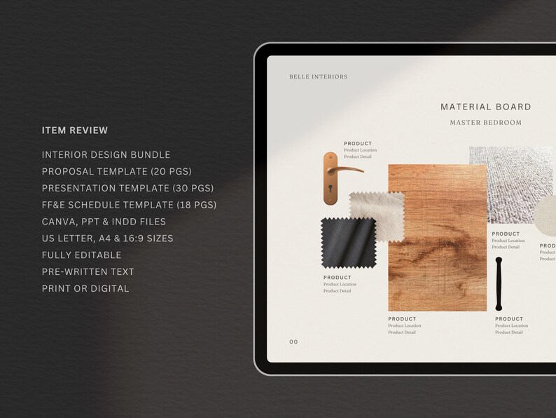Puede incluir: Un paquete de dise&ntilde;o de interiores digital que se muestra en una tableta. La pantalla muestra una tabla de materiales con muestras de madera, tela y herrajes. El texto incluye "Material Board, Master Bedroom" y "Item Review: Interior Design Bundle, Proposal Template".