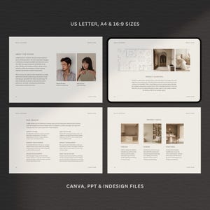 Puede incluir: Un conjunto de plantillas de dise&ntilde;o digital sobre un fondo oscuro. El conjunto incluye cuatro p&aacute;ginas con texto e im&aacute;genes, y una tableta que muestra una descripci&oacute;n general del proyecto. El texto de la imagen incluye "US LETTER, A4 & 16:9 SIZES" y "CANVA, PPT & INDESIGN FILES."
