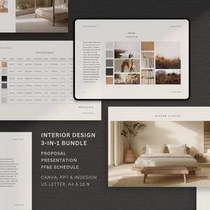 May include: An interior design bundle featuring a proposal, presentation, and FF&E schedule. The bundle includes Canva, PPT, and InDesign formats, in US Letter, A4, and 16:9 sizes. The image shows a tablet with a mood board and a bedroom design.