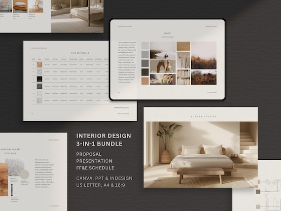 Interior Design Template Bundle | Designer Project Proposal | Client Presentation | FF&E Schedule | Canva PPT INDD | Design Templates