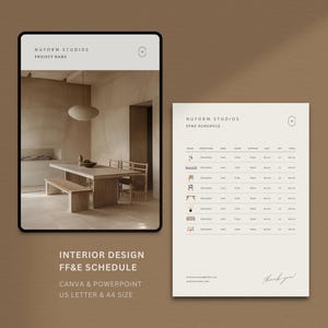 May include: An interior design presentation on a tablet and a printed FF&E schedule. The tablet shows a dining room scene with a large table and bench. The schedule lists items with columns for description, cost, and more. Text includes "NUFORM STUDIOS" and "INTERIOR DESIGN".