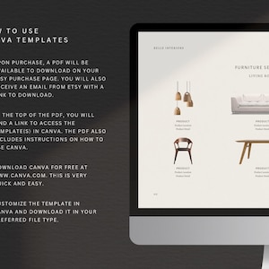 Puede incluir: Una pantalla de ordenador muestra instrucciones sobre el uso de plantillas de Canva, incluyendo la descarga de un PDF de Etsy y la personalizaci&oacute;n de dise&ntilde;os. La pantalla tambi&eacute;n muestra ilustraciones de muebles, incluyendo un sof&aacute;, una silla y una mesa.