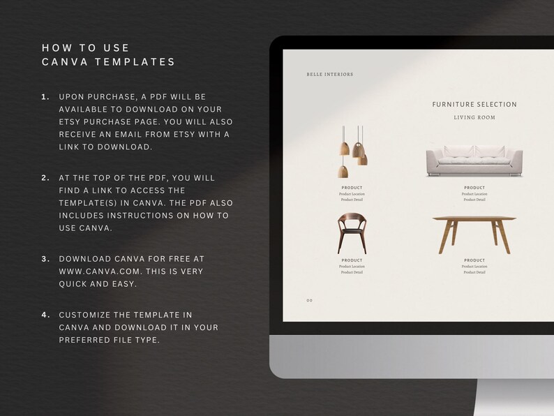 Puede incluir: Una pantalla de ordenador muestra instrucciones sobre el uso de plantillas de Canva, incluyendo la descarga de un PDF de Etsy y la personalizaci&oacute;n de dise&ntilde;os. La pantalla tambi&eacute;n muestra ilustraciones de muebles, incluyendo un sof&aacute;, una silla y una mesa.
