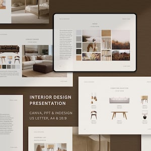 Puede incluir: Una presentación de diseño de interiores que muestra tableros de estado de ánimo, selecciones de muebles y una lista de compras. El texto en la presentación dice "INTERIOR DESIGN PRESENTATION CANVA, PPT & INDESIGN US LETTER, A4 & 16:9."
