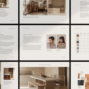 May include: A multi-page interior design portfolio brochure featuring neutral colour palettes, architectural photography, project descriptions, service lists, team member portraits, a flooring schedule table, and a material board with samples.