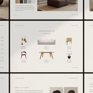 Puede incluir: Un tablero de presentación de diseño de interiores digital titulado Furniture Selection Living Room, que muestra un sofá blanco, una mesa de centro de madera, una silla de madera, una mesa auxiliar, una lámpara y tres lámparas colgantes en beige.