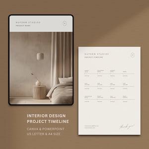 Puede incluir: Una tableta digital muestra una línea de tiempo de un proyecto de diseño de interiores, con una escena de dormitorio. Al lado, se ve una plantilla de línea de tiempo impresa. El texto dice "NUFORM STUDIOS" y "INTERIOR DESIGN PROJECT TIMELINE". La plantilla es para Canva y Powerpoint, tamaño US Letter y A4.