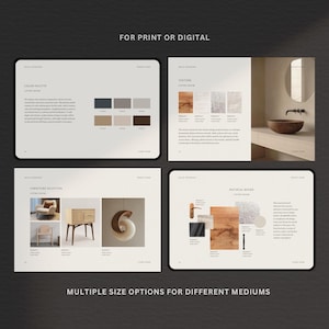 Puede incluir: Una presentaci&oacute;n de dise&ntilde;o digital con cuatro dise&ntilde;os que muestran elementos de dise&ntilde;o. Los dise&ntilde;os incluyen paletas de colores, texturas, selecciones de muebles y tableros de materiales. El texto de la imagen dice: "FOR PRINT OR DIGITAL" y "MULTIPLE SIZE OPTIONS FOR DIFFERENT MEDIUMS."