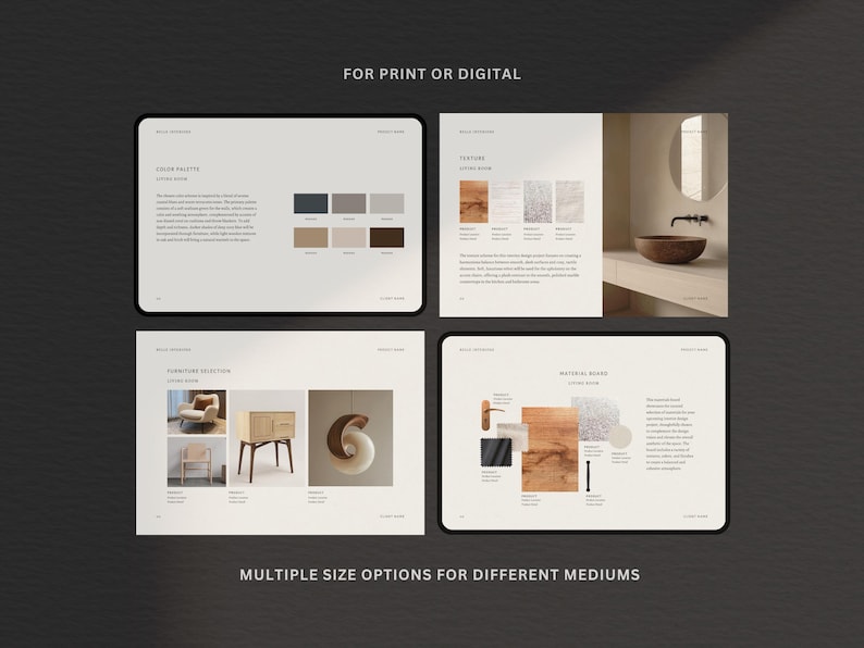 Puede incluir: Una presentaci&oacute;n de dise&ntilde;o digital con cuatro dise&ntilde;os que muestran elementos de dise&ntilde;o. Los dise&ntilde;os incluyen paletas de colores, texturas, selecciones de muebles y tableros de materiales. El texto de la imagen dice: "FOR PRINT OR DIGITAL" y "MULTIPLE SIZE OPTIONS FOR DIFFERENT MEDIUMS."