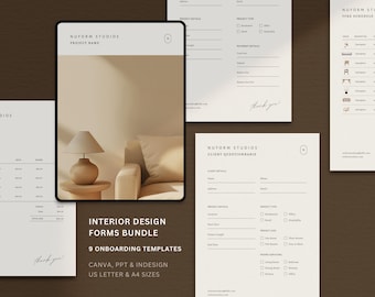 Paquete de formularios de diseño de interiores / Plantilla de contrato / Plantilla de cuestionario / Plantilla de propuesta / Cronograma de FF&E / Precios / Incorporación de clientes